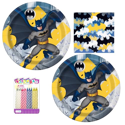 Batman Party Supplies Pack für 16 Gäste - Enthält 22,9 cm große Teller, Lunch-Servietten und ein Set Geburtstagskerzen Helden-Party-Set für Jungen von Unique
