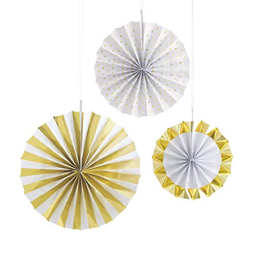 Fächerdekorationen aus Seidenpapier - Verschiedene Größen - Gold & Weiß - 3er-Packung von Unique
