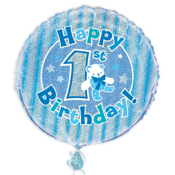 Folienballon "Happy 1st Birthday", blau prismatisch glitzernd, Ø 35cm von Unique
