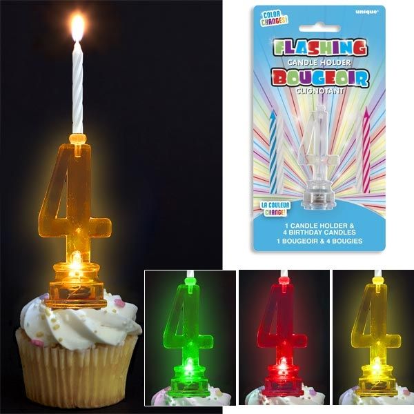 Geburtstagskerzen-Ständer als Zahl 4 blinkend, mit 4 Kerzen von Unique