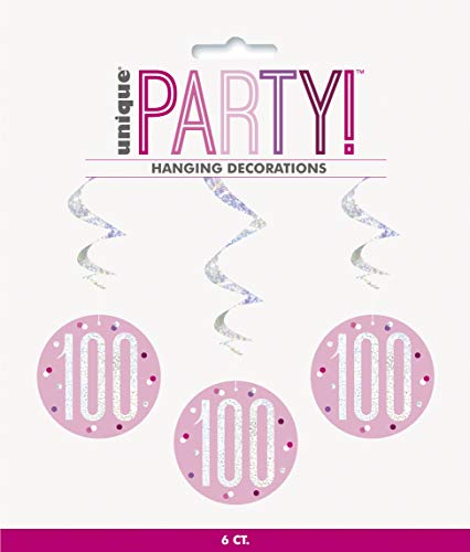 Hängende Wirbel-Geburtstagsdekorationen - 81 cm - 100. Glitzer Rosa & Silber Geburtstag - 6er-Packung von Unique