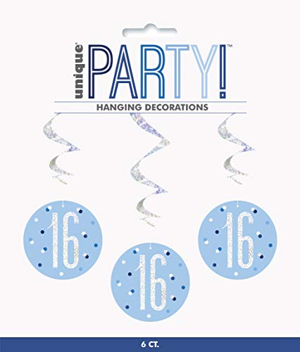 Hängende Wirbel-Geburtstagsdekorationen - 81 cm - Glitzer Blau & Silber 16. Geburtstag - 6er-Packung von Unique
