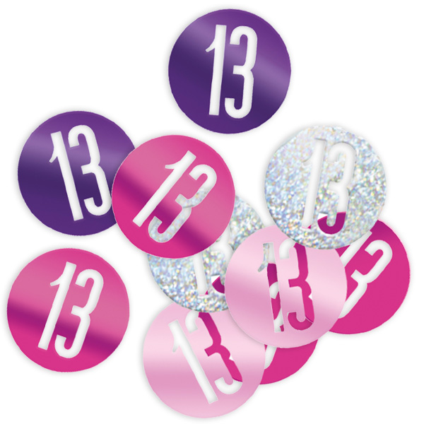 Happy Birthday - Glitzerkonfetti, Zahl 13, pink und silbern Happy Birthday - Glitzerkonfetti, Zahl 13, pink und silbern