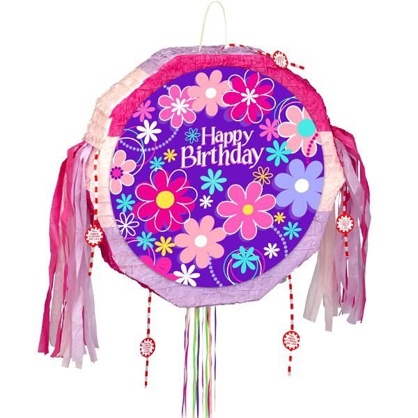 Happy Birthday Zugpinata, 48cm, Blümchen-Design, bunte Bänder Happy Birthday Zugpinata, 48cm, Blümchen-Design, bunte Bänder von Unique