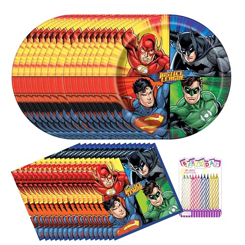 Justice League Partyzubehör-Set für 16 Gäste, offizielles Lizenzprodukt, enthält 22,9 cm große Teller, Lunch-Servietten und Geburtstagskerzen, Superhelden-Geburtstagsparty-Dekorationen für Kinder von Unique