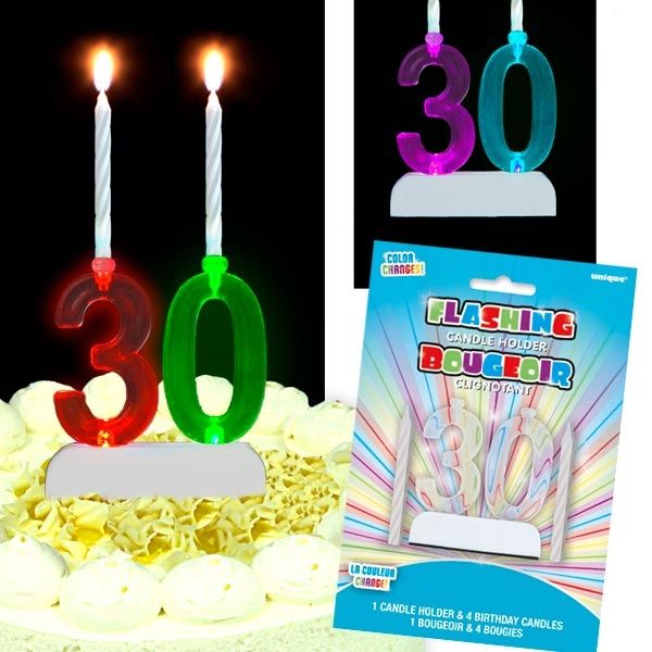 LED-Zahl 30 blinkend mit 4 Kerzen für 30.Geburtstag & Hochzeitstag von Unique