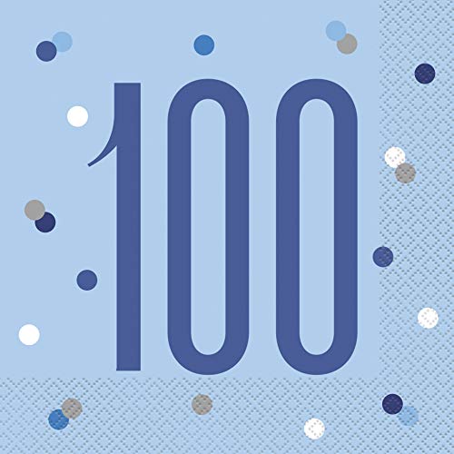 Papierservietten - Zahl 100 - 16,5 cm - Glitzer Blau & Silber Geburtstag - 16er-Packung von Unique