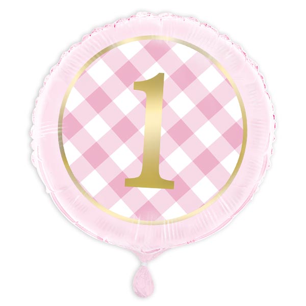 Pink Gingham 1st Birthday Round Foil Balloon 18in, Packaged von Unique