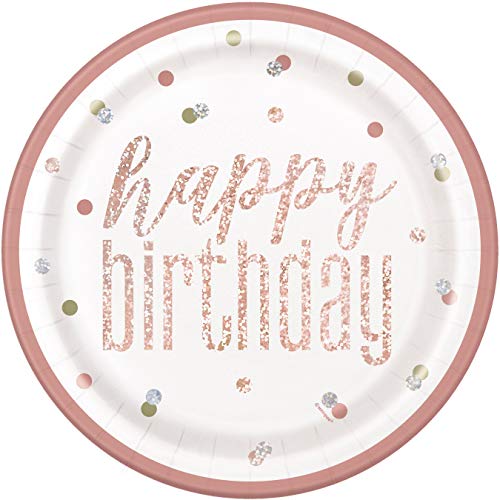 Prismatische Pappteller - 23 cm - Glitzer-Roségold-Geburtstag - 8er-Packung von Unique Party