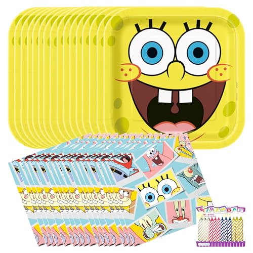 SpongeBob Party Supplies Pack für 16 Gäste - Enthält 22,9 cm Teller, Lunch-Servietten & Geburtstagskerzen - SpongeBob Schwammkopf Geburtstagsparty-Set von Unique