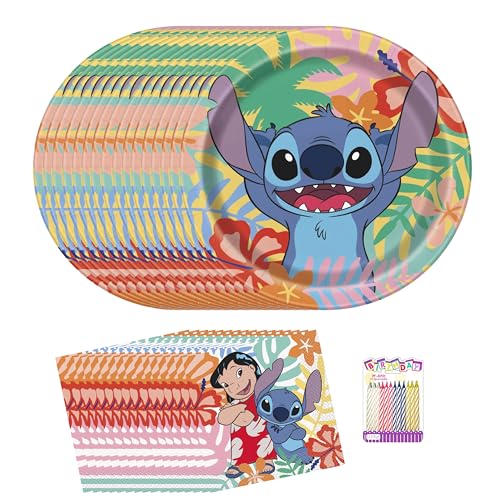 Stitch Party Supplies Pack für 16 Gäste - 17,8 cm Dessertteller und Lunch-Servietten - Inklusive Geburtstagskerzen - Stitch Geburtstagsdekorationen für Mädchen und Jungen von Unique