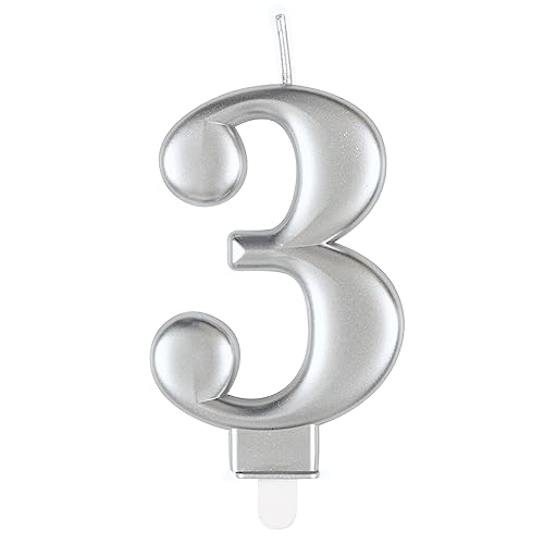 Unique 19593 - Nummer 3 Geburtstagskerze – 8 cm – Metallische Silberfarbe – 1 Stück (1 Packung) von Unique