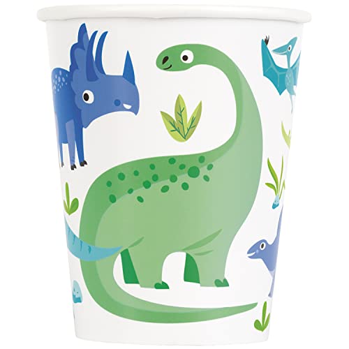 Unique 78306EU - Plastikfreie Papierbecher - 266ml - Blaue & Grüne Dinosaurier – 8 Stück (1 Stück) von Unique