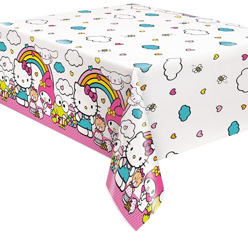 Unique Hello Kitty & Friends Kunststoff-Tischdecke, kurz gefaltet, rechteckig, 137,2 x 213,4 cm, 1 Stück, perfekt für Geburtstage und Sanrio-Themenfeiern von Unique