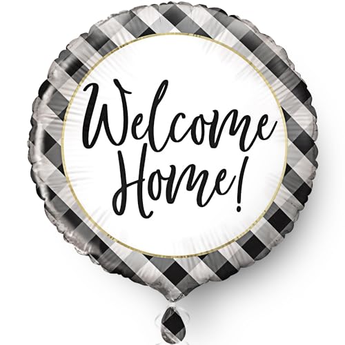 Unique Party 53883 - Willkommen Zuhauseballon - 45 cm - Schwarzes Gingham-Design von Unique