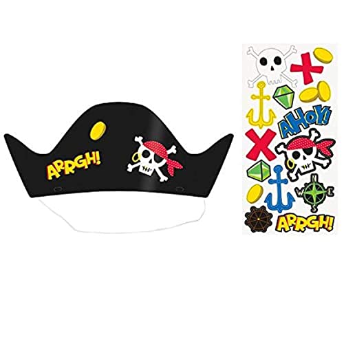 Unique Party 78421 Partyhüte aus Papier, Piratenmotiv, Schwarz, 8 Stück, Cartoon, Mehrfarbig von Unique