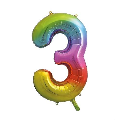 Unique Party Supplies 56803 Riesenzahl 3 Luftballon - 86 cm - Regenbogenfarben von Unique
