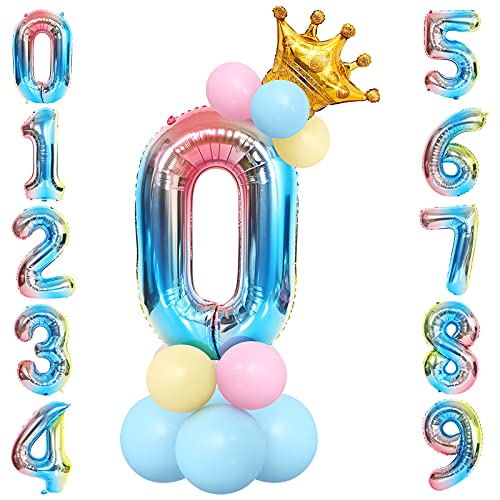 Unisun 32-Zoll-Ballon-Set aus Folien, Helium Nummer 0-Ballonturm mit Regenbogen-Farbverlauf, Krone und 12-teiligen Latexballons für Dekorationen zum Jubiläum der Prinzessin-Prinz-Geburtstagsfeier von Unisun