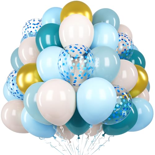 Blaue Luftballon, 60 Stück 12 Zoll Pastellblau Gold Latex Ballon Set mit 2 Bändern und Konfetti Ballons für Jungen Männer Geburtstag Baby Shower Hochzeit Jubiläum Verlobungsparty Deko von Unisun