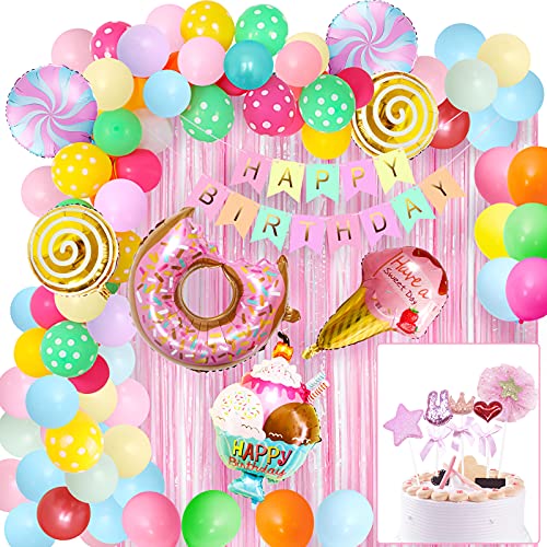 Candy Birthday Party Dekorationen, Donut Geburtstagsparty Versorgung mit Folienfransenvorhang, Happy Birthday Banner, Candy Donut Eiscreme Folienballon für Mädchen Kinder Frauen Candy Lollipop Party von Unisun