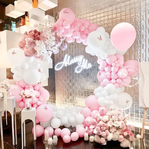 Rosa Weiß Luftballon Bogen Kit, 151Pcs Pastell Rosa Ballon Girlanden mit Schmetterlings Aufklebern Latex Ballons in Verschiedenen Größen 5/10/12/18 Zoll für Baby Shower Hochzeit Brautparty Party Deko von Unisun