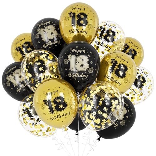 Unisun 18. Geburtstag Luftballons, 18 Jahre Geburtstag Dekorationen für Männer, Happy Birthday Schwarz Gold 18 Jahrestag Ballons Deko für Geburtstag Party Supplies von Unisun