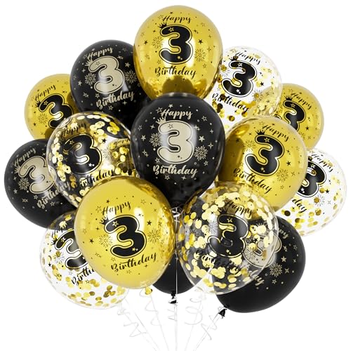 Unisun 3. Geburtstag Luftballons, 3 Jahre Geburtstag Dekorationen für Junge, Happy Birthday Schwarz Gold 3 Jahrestag Ballons Deko für Geburtstag Party Supplies von Unisun