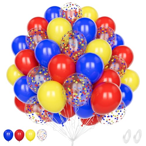 Unisun 60Pcs Königs Blau Rot und Gelb Luftballons, 12 Zoll Regenbogen Konfetti Helium Latex Ballon Pack mit 2Pcs Band für Geburtstag Hochzeit Jahrestag Kinder Baby Shower Party Dekoration von Unisun
