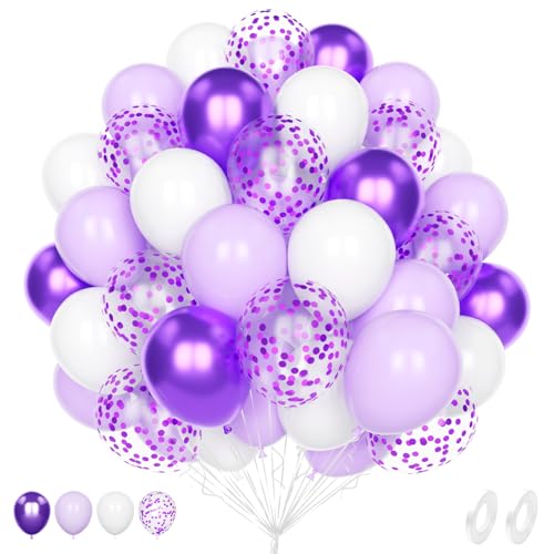 Unisun 60Pcs Lila und Weiß Luftballons, 12 Zoll Violett Lavendel Weißen Metallic Konfetti Helium Latex Ballon Pack mit 2Pcs Band für Geburtstag Hochzeit Jahrestag Kinder Baby Shower Party Dekoration von Unisun