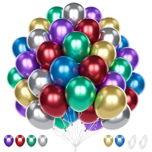 Unisun 60Pcs Metallic Bunt Luftballons, 12 Zoll RegenbogenMetallic Chrom Helium Latex Ballon Pack mit 2Pcs Band für Geburtstag Hochzeit Jahrestag Kinder Baby Shower Party Dekoration von Unisun