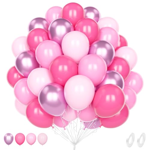 Unisun 60Pcs Rosa Luftballons, 12 Zoll Hot Pink Pastell Baby Rosa Metallic Helium Latex Ballon Pack mit 2Pcs Band für Geburtstag Hochzeit Jahrestag Kinder Baby Shower Party Dekoration von Unisun