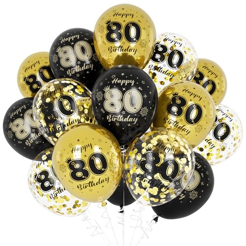 Unisun 80. Geburtstag Luftballons, 80 Jahre Geburtstag Dekorationen für Männer, Happy Birthday Schwarz Gold 80 Jahrestag Ballons Deko für Geburtstag Party Supplies von Unisun