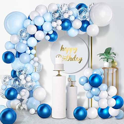 Unisun 104 Stück Macaron Blau Weiß Luftballons Arch Kit mit Silber Konfetti Metallic Luftballons Kette Klebepunkte für Mädchen Jungen Geburtstag Baby Shower Party Hochzeit Dekorationen von Unisun