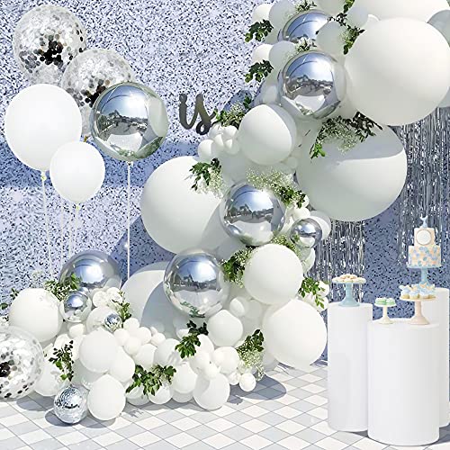 Unisun Balloons Arch Garland Kit, 125PCS Silver White Balloon Garlands Set with Giant 4D Foil Balloons Confetti Chain Glue Dot DIY Pack for Wedding Birthday Baby Shower bridal Girl's Party Decorations von Unisun