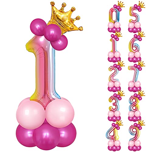 Unisun Geburtstagszahl Ballons, 32-Zoll große Aluminiumfolie-Ballon-Gradient-Digital 1 mit Krone und Rosa Rosa Latexballons für Geburtstagsdekoration, Jubiläum, Hochzeit, Abschlussbedarf von Unisun