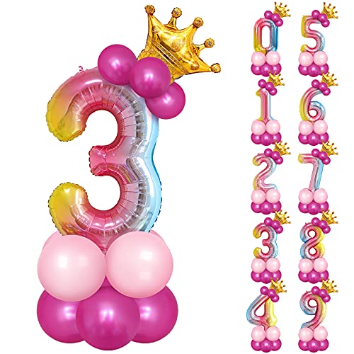 Unisun Geburtstagszahl Ballons, 32-Zoll große Aluminiumfolie-Ballon-Gradient-Digital 3 mit Krone und Rosa Rosa Latexballons für Geburtstagsdekoration, Jubiläum, Hochzeit, Abschlussbedarf von Unisun