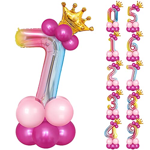 Unisun Geburtstagszahl Ballons, 32-Zoll große Aluminiumfolie-Ballon-Gradient-Digital 7 mit Krone und Rosa Rosa Latexballons für Geburtstagsdekoration, Jubiläum, Hochzeit, Abschlussbedarf von Unisun