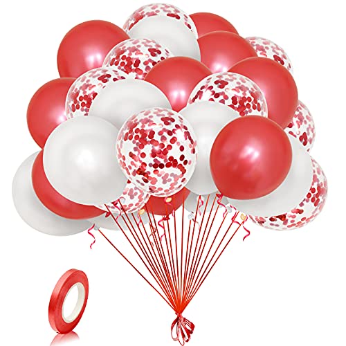 Unisun Red Weiß Balloons 12" Red Konfetti Ballons mit Band, 30 Stück Naturlatex Ballons Dekorationen für Geburtstagsfeier, Hochzeit, Babyparty, Jubiläen, Feiern Partybedarf von Unisun
