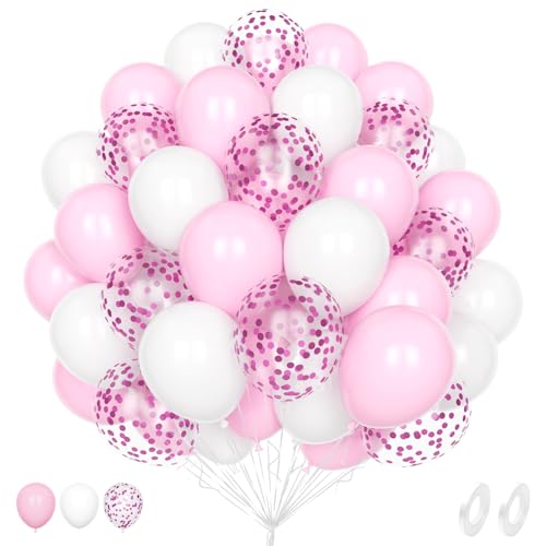 Unisun Rosa Luftballons, 60Pcs Rosa und Weißen Ballon, 12 Zoll Pastell Pink Konfetti Helium Latex Ballons Pack mit 2Pcs Band für Geburtstag Hochzeit Jahrestag Kinder Baby Shower Party Dekoration von Unisun
