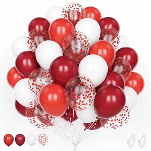 Unisun Rote Luftballons, 60Pcs Rot und Weiße Luftballons, 12 Zoll Burgunder Konfetti Helium Latex Ballon Pack mit 2Pcs Band für Geburtstag Hochzeit Jahrestag Kinder Baby Shower Party Dekoration von Unisun