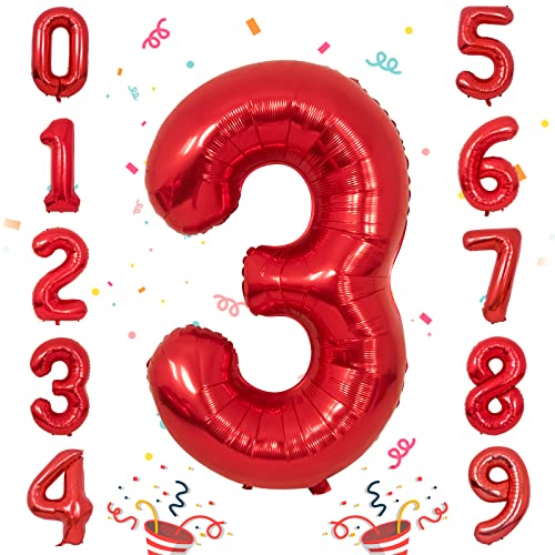 Unisun Geburtstags Zahlen Luftballon, Rot 40 Zoll Große Folie Digital Zahl 3 Ballon für Geburtstagsdeko Jubiläums Party Festival Dekorationen (Rot Nummer 3) von Unisun