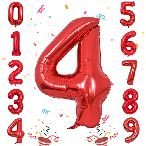Unisun Geburtstags Zahlen Luftballon, Rot 40 Zoll Große Folie Digital Zahl 4 Ballon für Geburtstagsdeko Jubiläums Party Festival Dekorationen (Rot Nummer 4) von Unisun