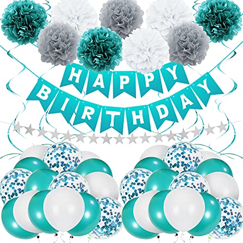 Unisun Teal Blue Geburtstags Dekoration, Tiffany Blue Party Ballon mit Happy Birthday Banner Konfetti Ballons Papier Pom Poms Sternengirlande für Frauen Mädchen 1. 2. 13. 18. 21. 30. 40. Babyparty von Unisun