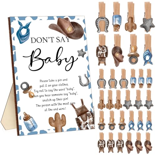 Unittype 51-teiliges "Don't Say Baby Shower"-Spielzubehör beinhaltet Babyparty-Schild und 50 Mini-Wäscheklammern für Jungen und Mädchen, Party-Spielpreise (Cowboy) von Unittype