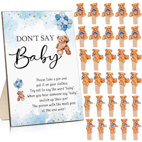 Unittype 51-teiliges Spielzubehör mit Aufschrift "Don't Say Baby Shower", inklusive Babyparty-Schild und 50 Mini-Wäscheklammern für Jungen und Mädchen, Party-Spielpreise (blauer Bär) von Unittype