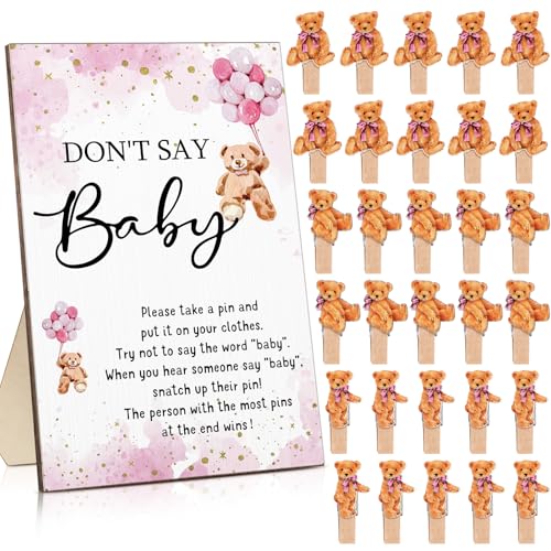 Unittype 51-teiliges Spielzubehör mit Aufschrift "Don't Say Baby Shower", inklusive Babyparty-Schild und 50 Mini-Wäscheklammern für Jungen und Mädchen, Party-Spielpreise (rosa Bär) von Unittype
