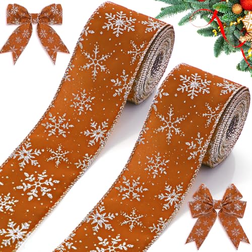 Unittype Weihnachts-Samtbänder mit Schneeflockenmuster, 6,3 cm breit, Weihnachtsband, Geschenkverpackung, für Weihnachtsbaum, Kranz, Dekoration, Bastelarbeiten, Schleifen, 2 Rollen (Khaki) von Unittype