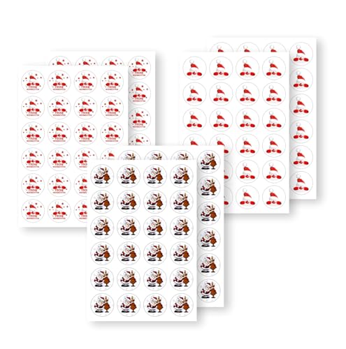 144 DIY Aufkleber Weihnachten, 3 Motive jeweils 48 Stück, Nikolaus mit Rudolf das Rentier, Fröhliche Weihnachten und Weihnachtsmann als Kilroy, je 4cm Durchmesser, selbstklebend von Unser-Festtag