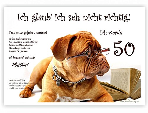 30 Karten Einladungskarten für runden Geburtstag lustig witzig - kostenloser Eindruck Ihres Textes - Hund mit Brille, DIN A5 von Unser-Festtag