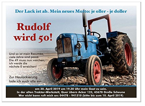 40 DIN A5 Geburtstagseinladungen runder Geburtstag lustig 50 60 70, für jedes Jahr möglich - mit Spruch - alter Traktor Trecker von Unser-Festtag